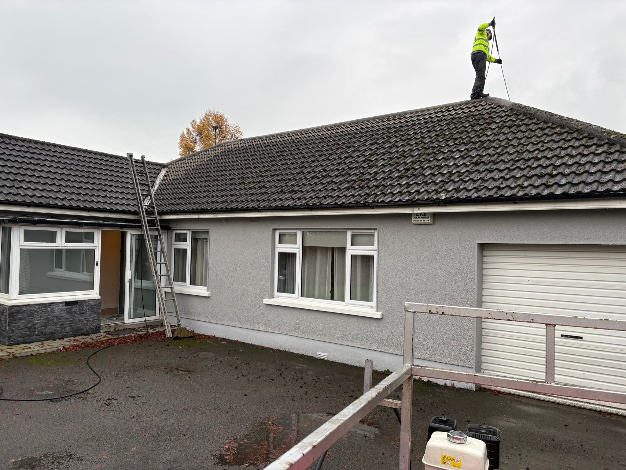 BrightView roof cleaning equipment and team at work
